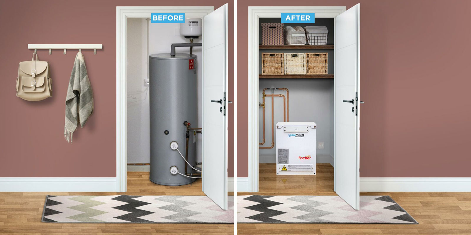 Before and after comparison showing a traditional hot water cylinder replaced by a compact Aquafficient electric water heater