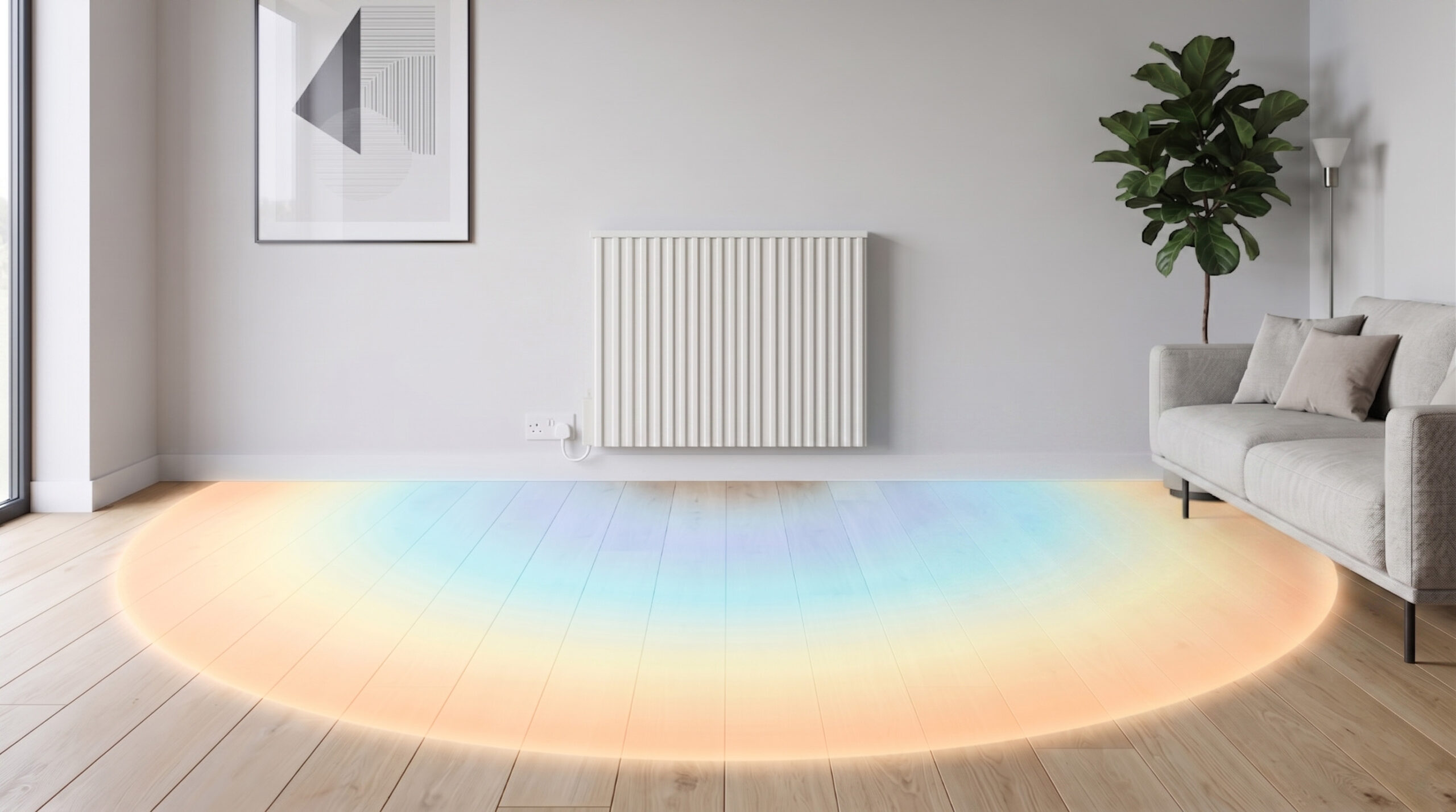 Modern Fischer HeatCore electric radiator emitting steady, even warmth in a contemporary UK living room.