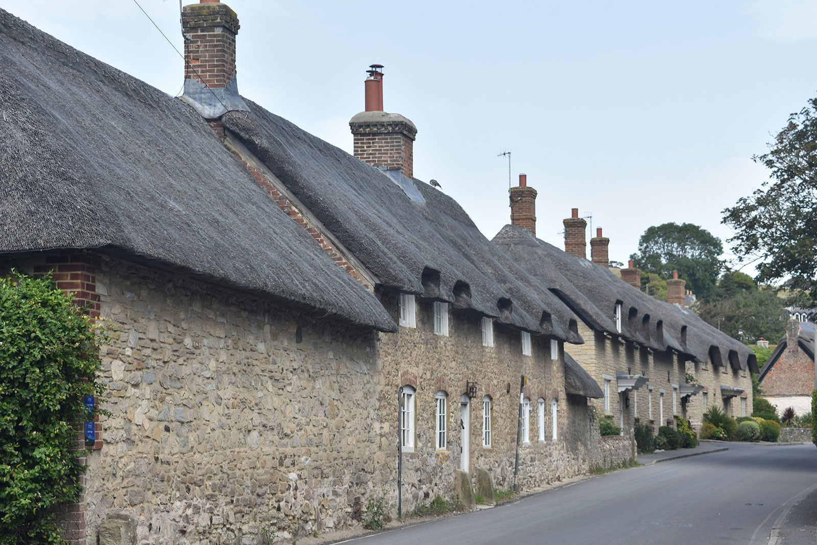 Row of traditional stone cottages with thatched roofs, typical of older UK homes